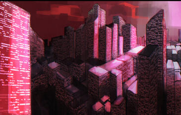 Deadly Empathy Logo of game - Deadly Empathy. Showcases Angelis: a futuristic megastructure mega-city, covered in red and purple hues.