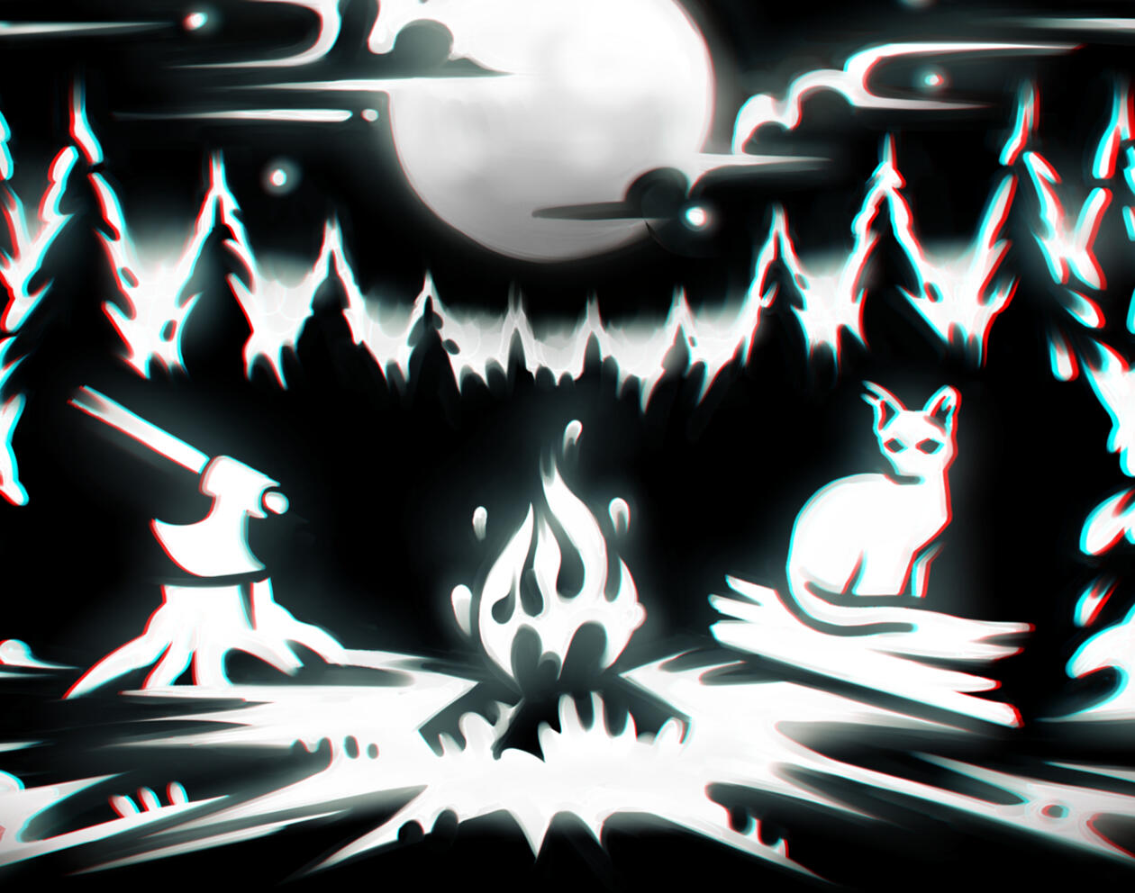 A Dark Forest Logo of game - A Dark Forest. Shows a black-and-white forest. In the center of the picture there is a campfire, with a big and round moon above. To the left is an axe stuck in a tree stump. To the right is a cat.