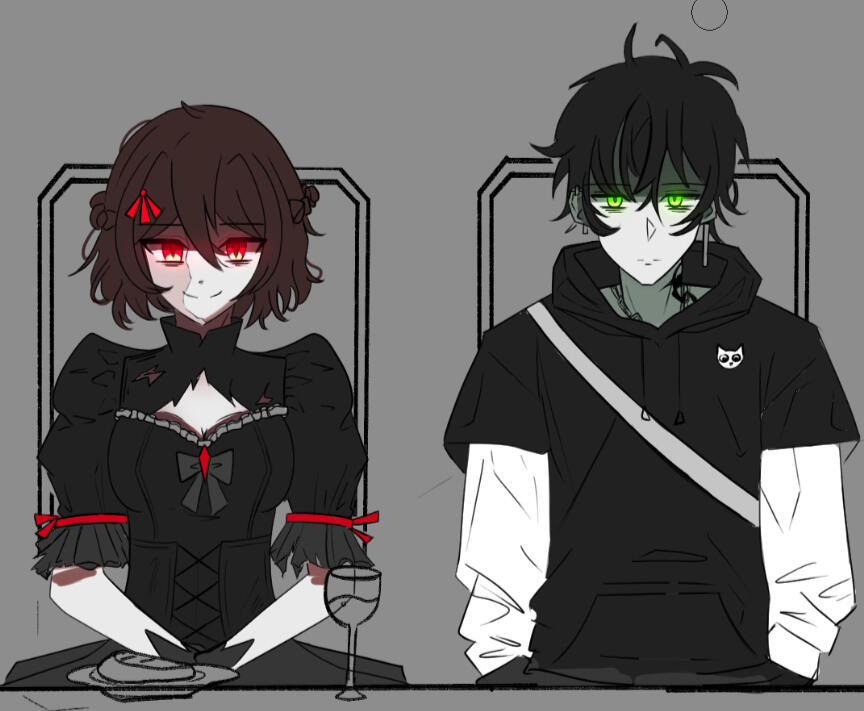 Matchmaking for Ghosts WIP concept art showing two ghosts - Alice and Zack - from the game "